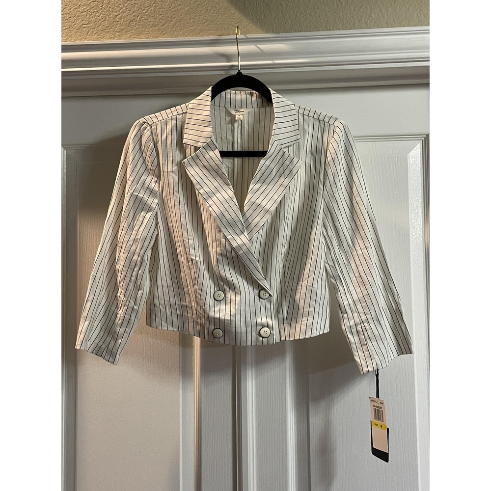 Takara Blazer Jacket Womens Medium White Linen Blend Striped Double Breasted